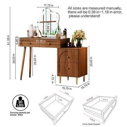 Chrangmay Stylish Corner Vanity desk with mirror and lights,Small makeup vanity with 4 drawers,Modern makeup table with Adjustable Cabinet for Bedroom,Makeup Room,Writing Desk,Brown