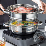 Steamer Pot for Cooking 11-inch Steam Pots with Lid, Multipurpose Steam Pot Stainless Steel Steaming Pot Cookware with Handle for Vegetable, Stews, Pasta, Dumpling, Sauce, Food (3 Tier) KDLCY