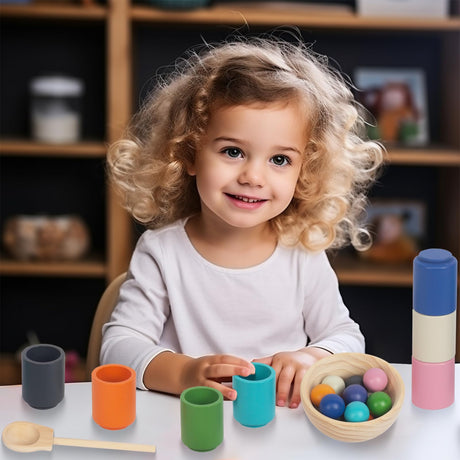 WOODENFUN Rainbow Balls in Cups Toddler Montessori Toys for 3 Year Old Up, Kids Preschool Wooden Matching Games for Learning Color Sorting and Counting WOODENFUN