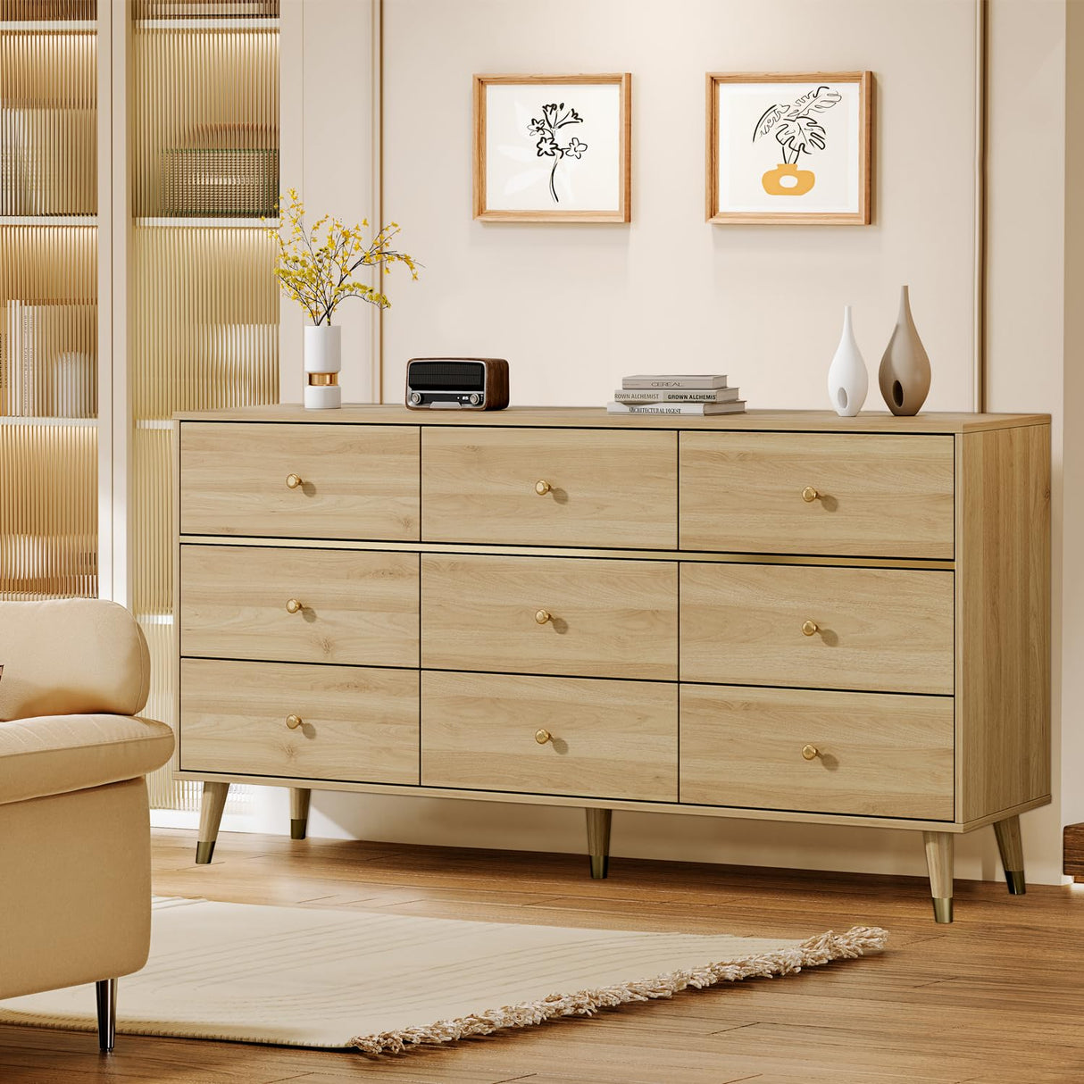 Chrangmay 9 Drawer Dresser,63" Wide Mid Century Modern Chest of Drawers,Wooden Bedroom Drawer Dresser with 9 Storage Drawers for Bedroom, Living Room,with Anti-Tipping Device,Woody Chrangmay