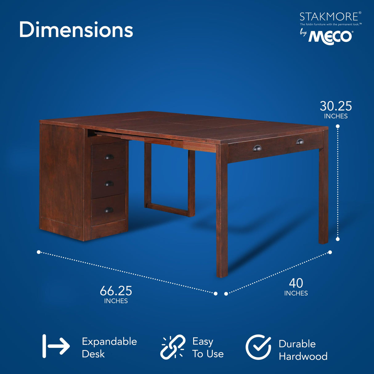 Meco Stakmore Wooden Made Expandable Desk with Ottoman, Dark Espresso Finish, and 3 Functioning Drawers for Home Office Tables, Espresso MECO