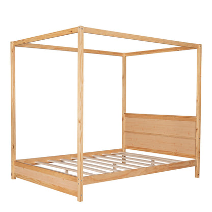 Queen Size Canopy Bed Frame, Solid Wood Queen Platform Bed with Headboard and Slat Support, Modern 4 Poster Panel Bed for Kids, Teens, Adults. No Box Spring Needed (Queen, Natural)