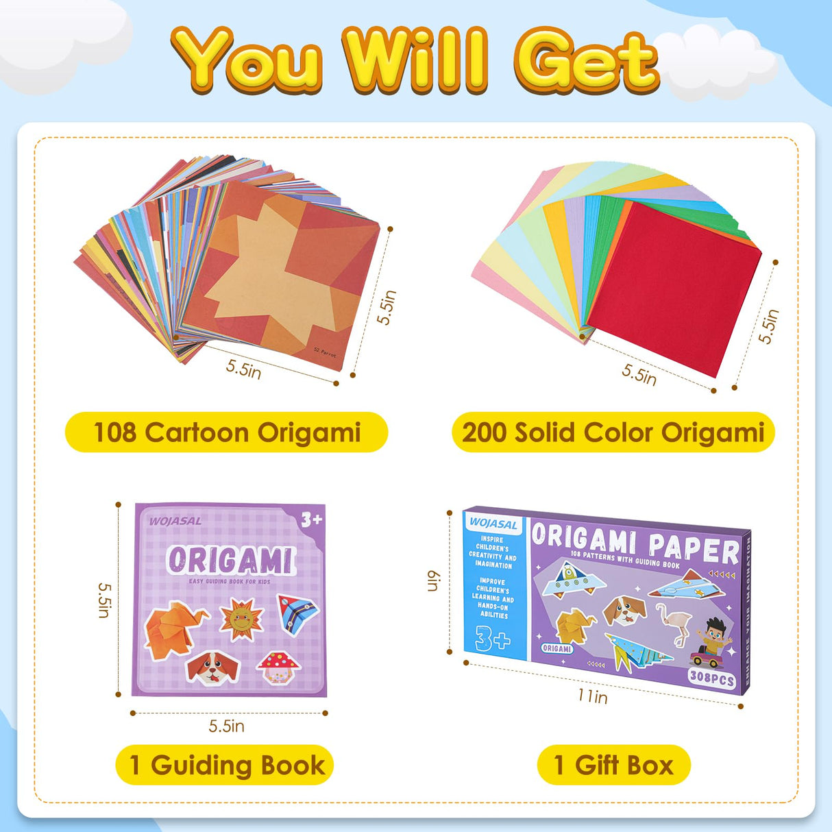 308 Sheets Origami Paper Kit for Kids Ages 5-8 8-12 with Guiding Book DIY Art and Crafts Supplies Kits for Girls and Boys Square Easy Fold Paper Travel Activities Birthday Christmas Gifts WOJASAL