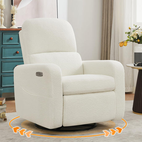 AEMEIOS Power Swivel Rocker Recliner, Oversized Boucle Nursery Glider Recliner, Swivel Rocking Reclining Chair with Removable Cushion and Lumbar Support for Nursery Living Room Bedroom, Teddy White AEMEIOS