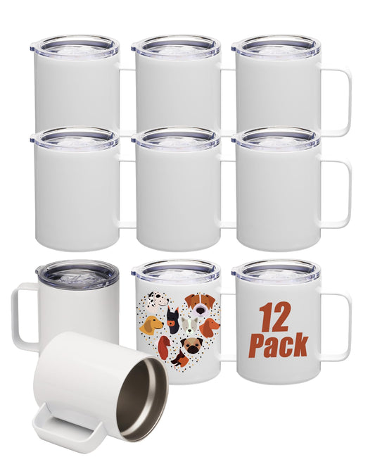 OFFNOVA 12oz Sublimation Tumblers Blank with Handle and Lid,12 Pack Stainless Steel Coffee Tumblers, Double Wall Vacuum Camping Cup for Hot & Cold Drinks Tea