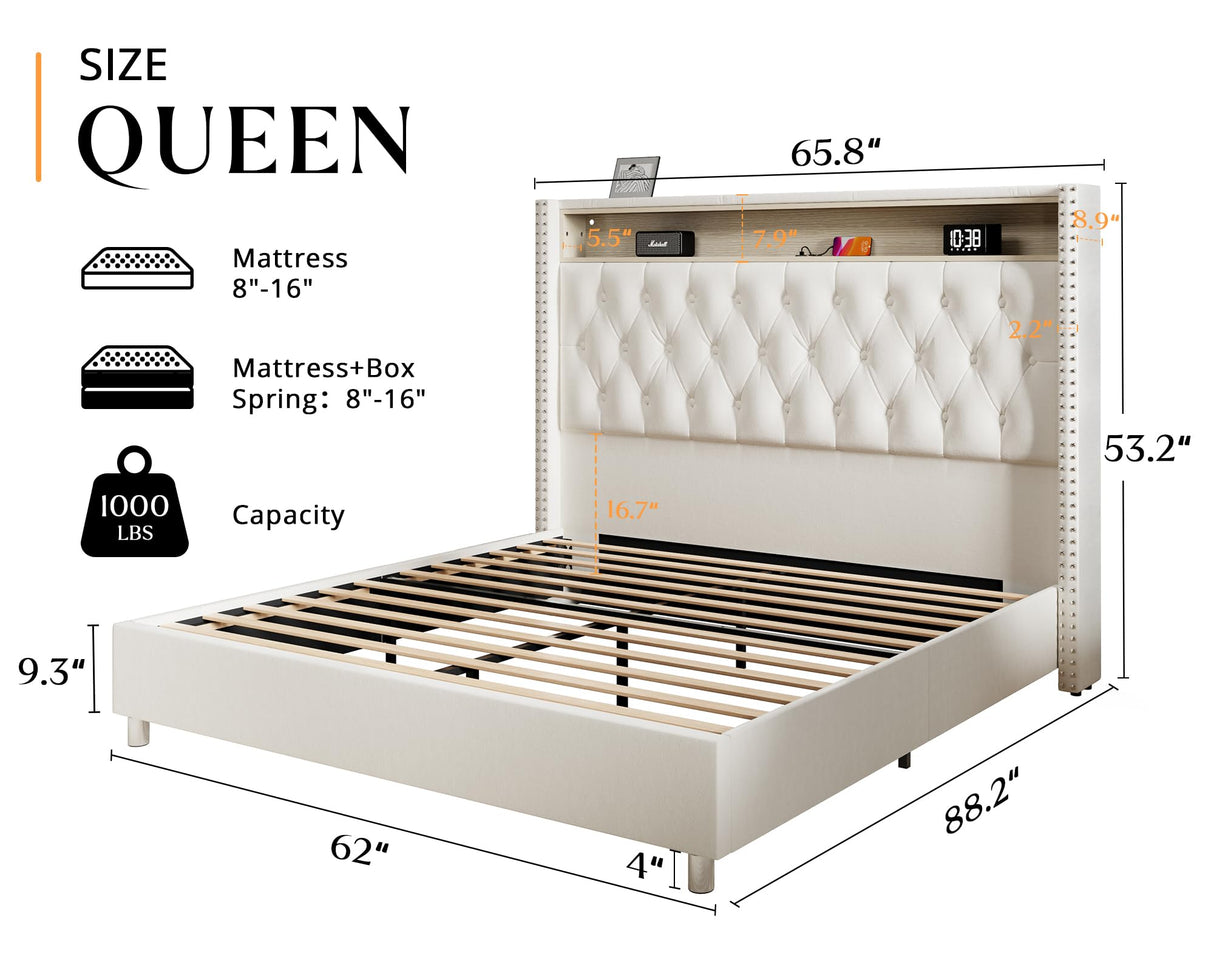 Jocisland Queen Size Bed Frame 53.6'' Tall Headboard LED Lights and Charging Station, Velvet High Upholstered Platform Bed Wingback Storage, No Box Spring Needed, No Motion Light Under Bed, Cream Jocisland
