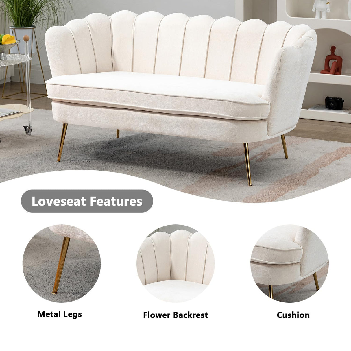 Anwick 59" Small Modern Chenille Loveseat Sofa, 2-Seater Sofa with Gold Metal Legs, Small Couch with Flower Shaped Back for Living Room Bedroom Office (Beige) Anwick