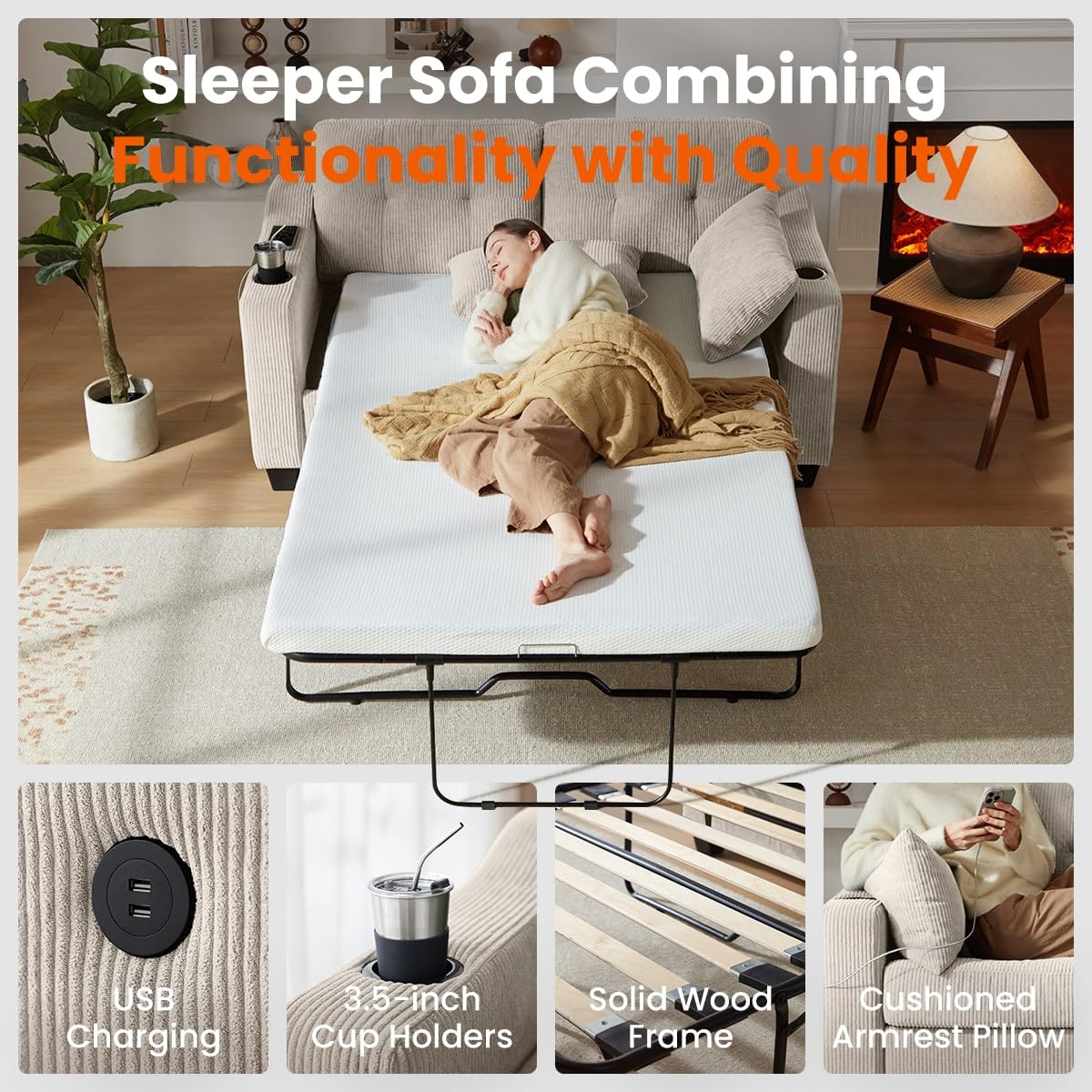 CHIC HOUSE Pull Out Sofa Bed, Full Size Sleeper Sofa, 2-in-1 Convertible Corduroy Couch with USB Charging, Memory Form Couch for Living Room, Apartment and Small Space CHIC HOUSE