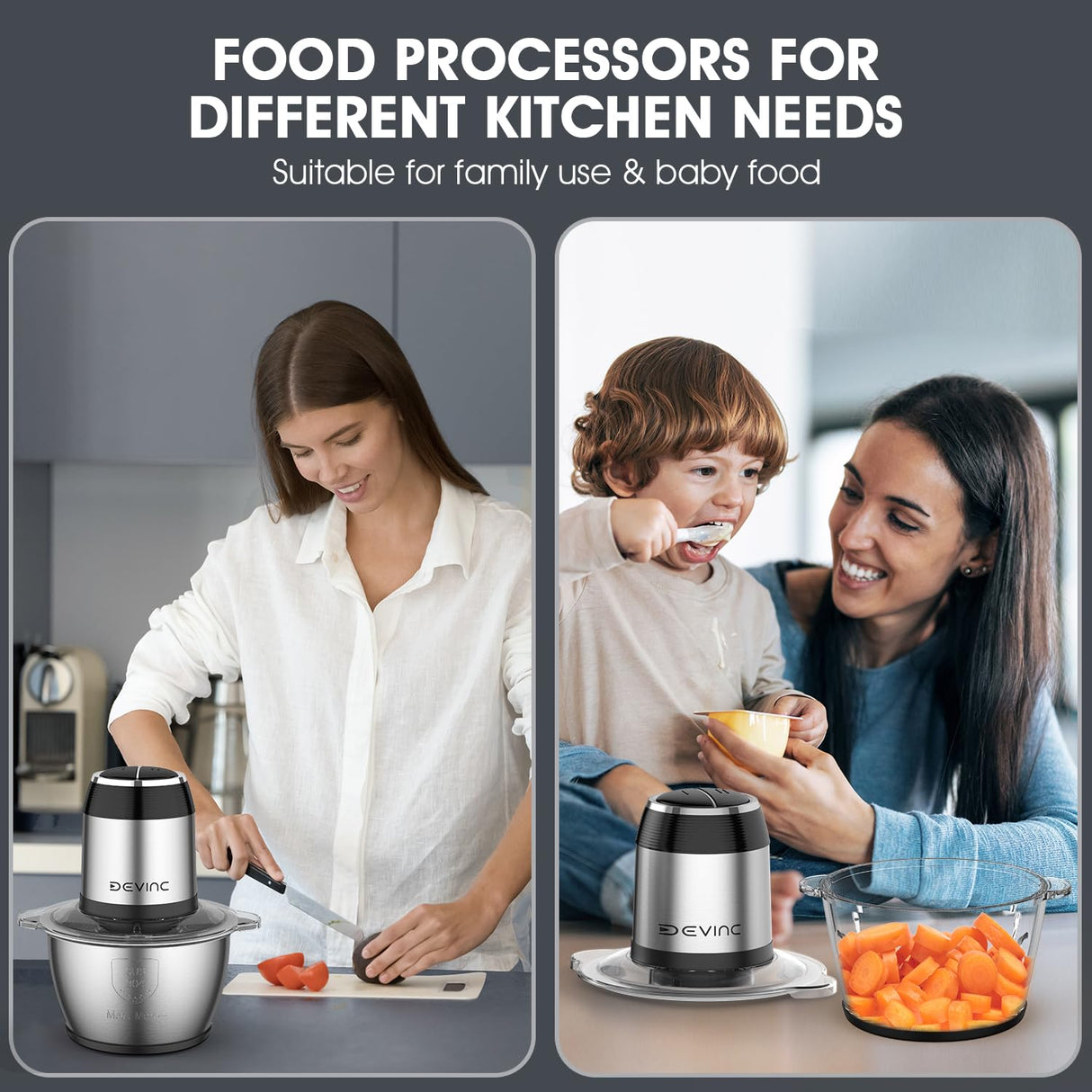Food Processors, Mini Meat Grinder & Veggie Chopper with 2 Bowls (8 Cup+8 Cup), Electric Food Chopper with 2 Sets of Bi-Level Blades for Meat, Vegetables, Fruits and Nuts DEVINC