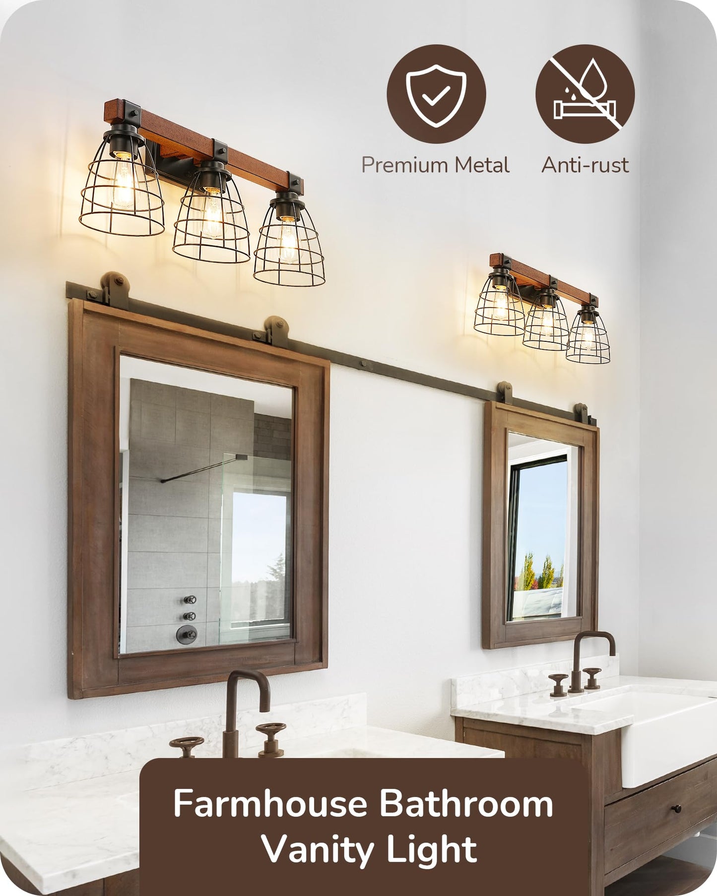 EDISHINE Large 24'' Farmhouse Vanity Lights for Bathroom, Industrial Painted Wood Bath Wall Sconces, 3-Light Bathroom Lighting Fixtures Over Mirror with Metal Cage for Powder Room - WoodArtSupply