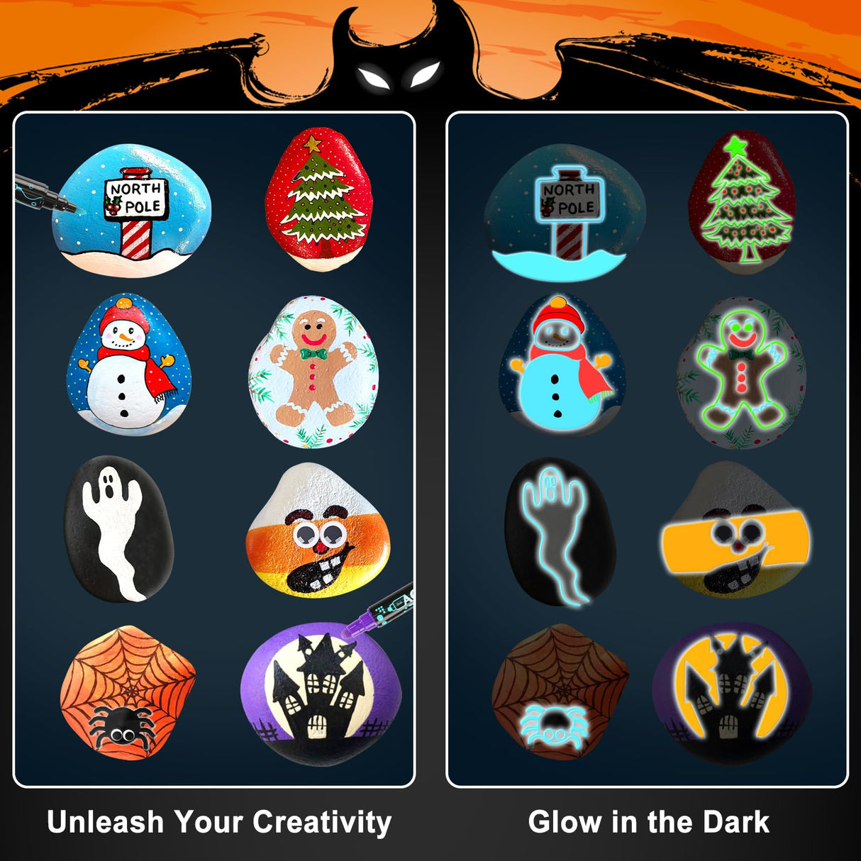 JULEASEL Rock Painting Kit, Glow in The Dark Rock Craft Paint Kits, Arts and Crafts for Kids Ages 6-12, Holiday DIY Crafts for Girls & Boys with Mess-Free Pens Markers JULEASEL