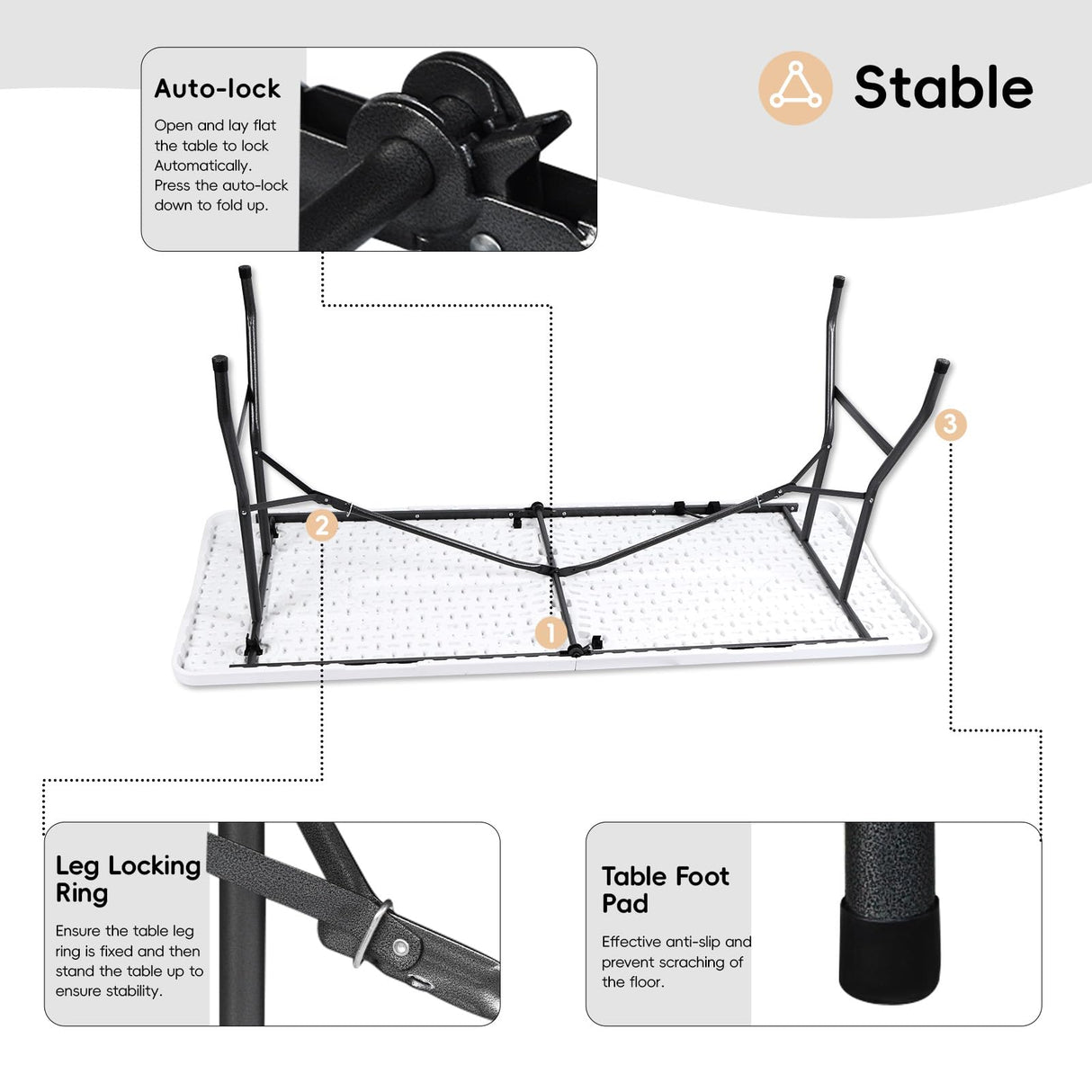 6FT Folding Table HDPE Foldable Desk Banquet Surface Fold-in-Half Utility for Working Meeting Parties, Picnic, Camping, Weddings, Catering, Garden Dining-White pollilar