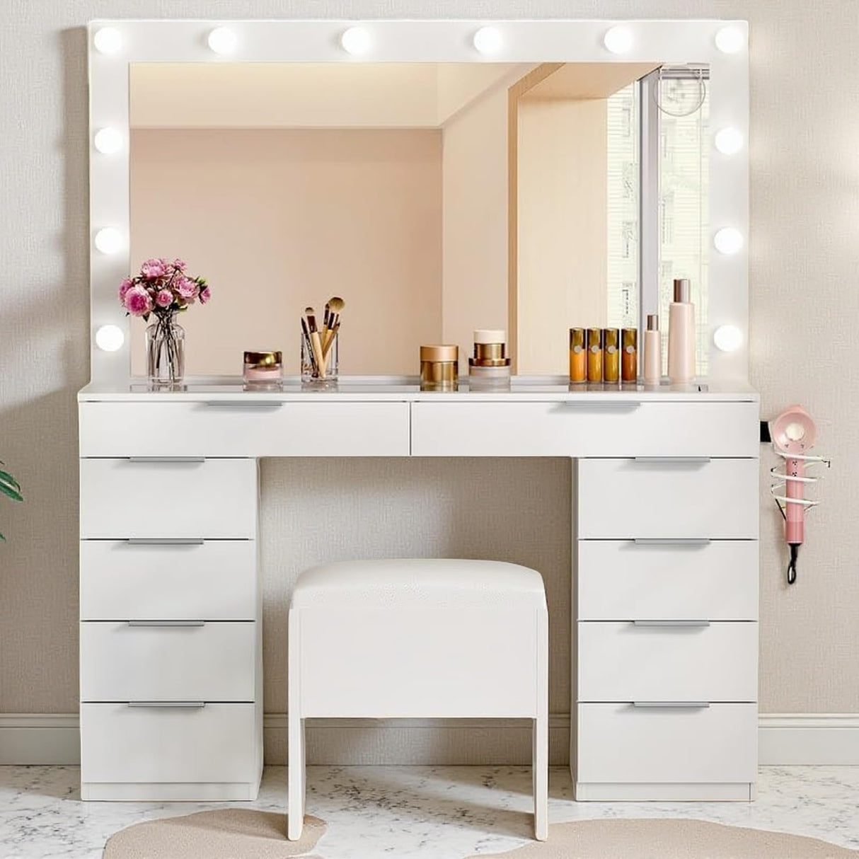 DWVO 46'' Glass Top Makeup Vanity with 10 Drawers, Vanity Desk Set with Large LED Mirror, Built-in Charging Station & Cushioned Storage Chair, Dressing Table with 3-Color Light Modes, Cream White DWVO