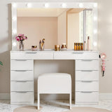 DWVO 46'' Glass Top Makeup Vanity with 10 Drawers, Vanity Desk Set with Large LED Mirror, Built-in Charging Station & Cushioned Storage Chair, Dressing Table with 3-Color Light Modes, Cream White DWVO