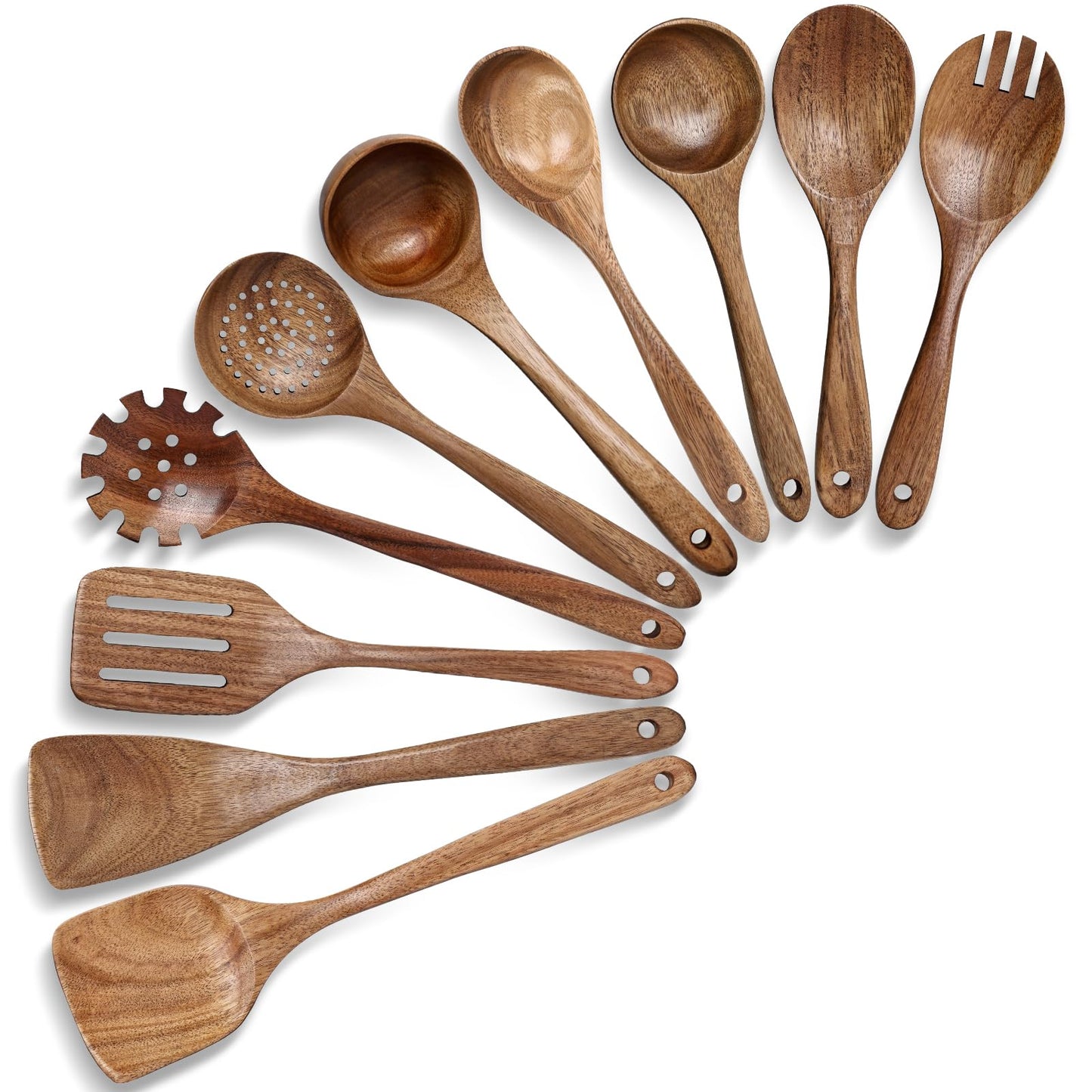 HAKSEN 10PCS Wooden Cooking Utensils, Natural Acacia Wood Kitchen Utensils Wooden Spatulas for Serving Stirring Cooking Mixing - WoodArtSupply