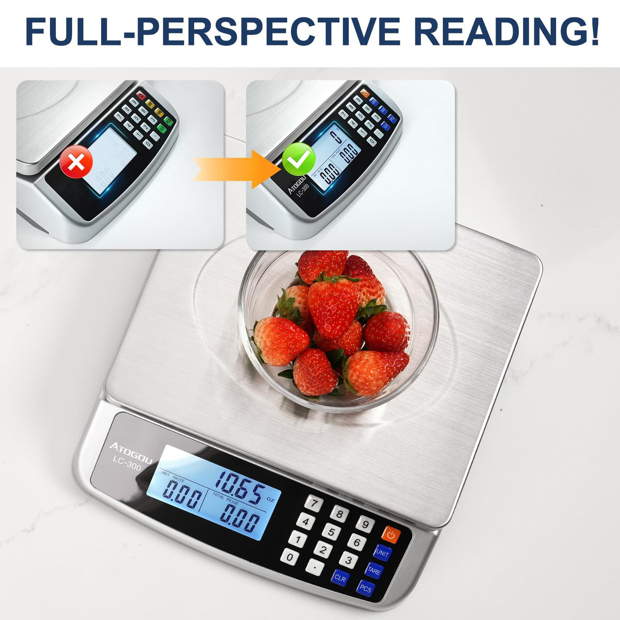 ATOGOU 66lb Food Scale, Commercial Kitchen Scale with Price Computing, Plug-in Usable, 0.05oz/1g, 304 Stainless Steel, for Cooking, Vegetables, Farm, Industry, Counting. LC300 Silver Atogou