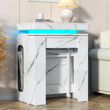 Extendable Dining Table with Charging Station & LED Lights, 19.7" to 98.4" White Faux Marble Dining Table, Rectangle Console Table for 2-8, Modern Space Saving Kitchen Island Table (No Chairs) Gyfimoie