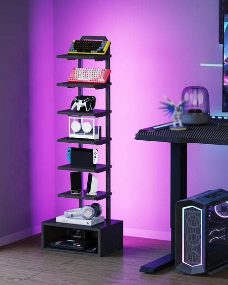 CHOEZON 8-Tier Bookshelf, LED Bookcase with Semi-Open Bottom, Small Space Standing Shelf with Lights, Corner Storage Stand, for Living Room, Home Office, Bedroom, Black TSJ08DBB CHOEZON