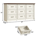 Farmhouse Wood 9 Drawer Dresser for Bedroom,Embossed Roman Column Wood Rustic 63 Inch Wide Dresser & Chest of Drawers with Rustic Handles,Tall Storage Organizer for Bedroom(Antique White) chartustriable