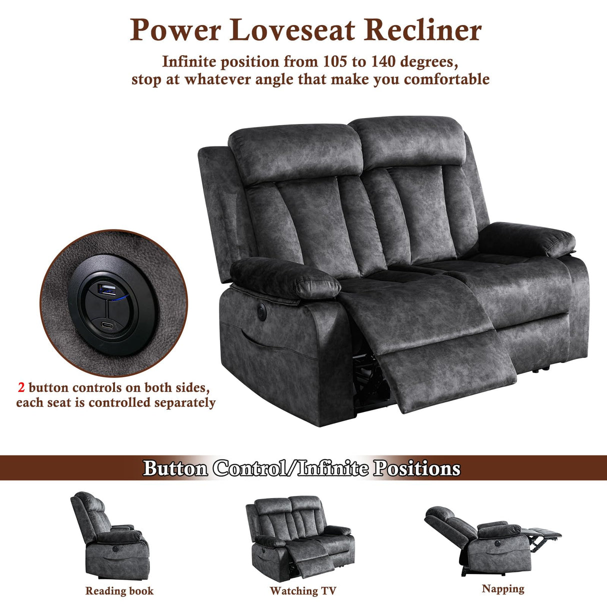 GUEAPY Power Reclining Loveseat with Console, Heat & Massage, Wall Hugger Design - 2-Seat Sofa with Cup Holders, USB & Type-C Ports, Plush Dutch Velvet Recliner for Living Room, RV, Office, Apartment GUEAPY
