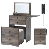 AMERLIFE 3-in-1 Makeup Vanity with Sliding Stool, Fold-up Panel, Divided Storage & Power Port, Farmhouse Makeup Table with Adjustable LED Light, for Small Space, Rustic Oak AMERLIFE