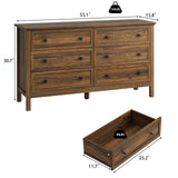 CARPETNAL 55" Walnut Dresser for Bedroom, 6 Drawer Dresser with Wide Drawer and Metal Handles, Wood Dressers & Chests of Drawers for Hallway, Entryway. CARPETNAL