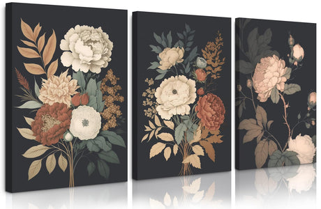 Vintage Flower Wall Art Dark Floral Canvas Wall Art Botanical Farmhouse Wall Art Prints Black Flower Pictures Wall Decor Moody Floral Artwork Painting for Living Room Bedroom 16x24x3 Inch Framed Pennclys