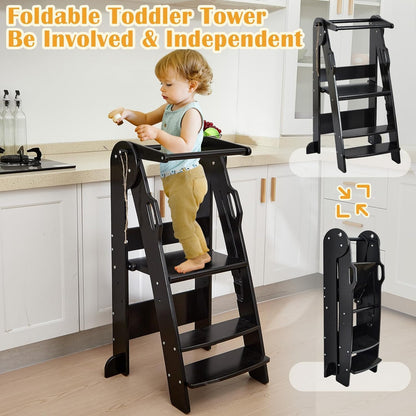 FUNLIO 3-Level Height Adjustable Kitchen Step Stool, Foldable Toddler Tower for Kids 2-6 Years, Montessori Child Standing Tower, CPC & CE, Easy to Assemble, Black