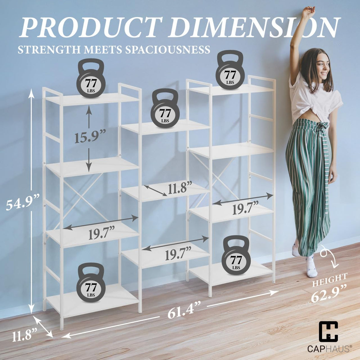 CAPHAUS Triple Column 4 Tier Bookshelf, Industrial Triple Bookcase with 11 Open Display Shelves, Adjustable Wide Shelf for Living Room, Bedroom, Home and Office, White CAPHAUS