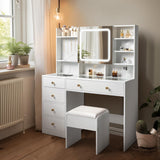 Karl home Makeup Vanity with Lighted Mirror Bedroom Vanity Desk with Charging Station Large Vanity Set with Transparent Desk, Drawers, Cabinet, Shelves for Storage in Bedroom, White Karl home