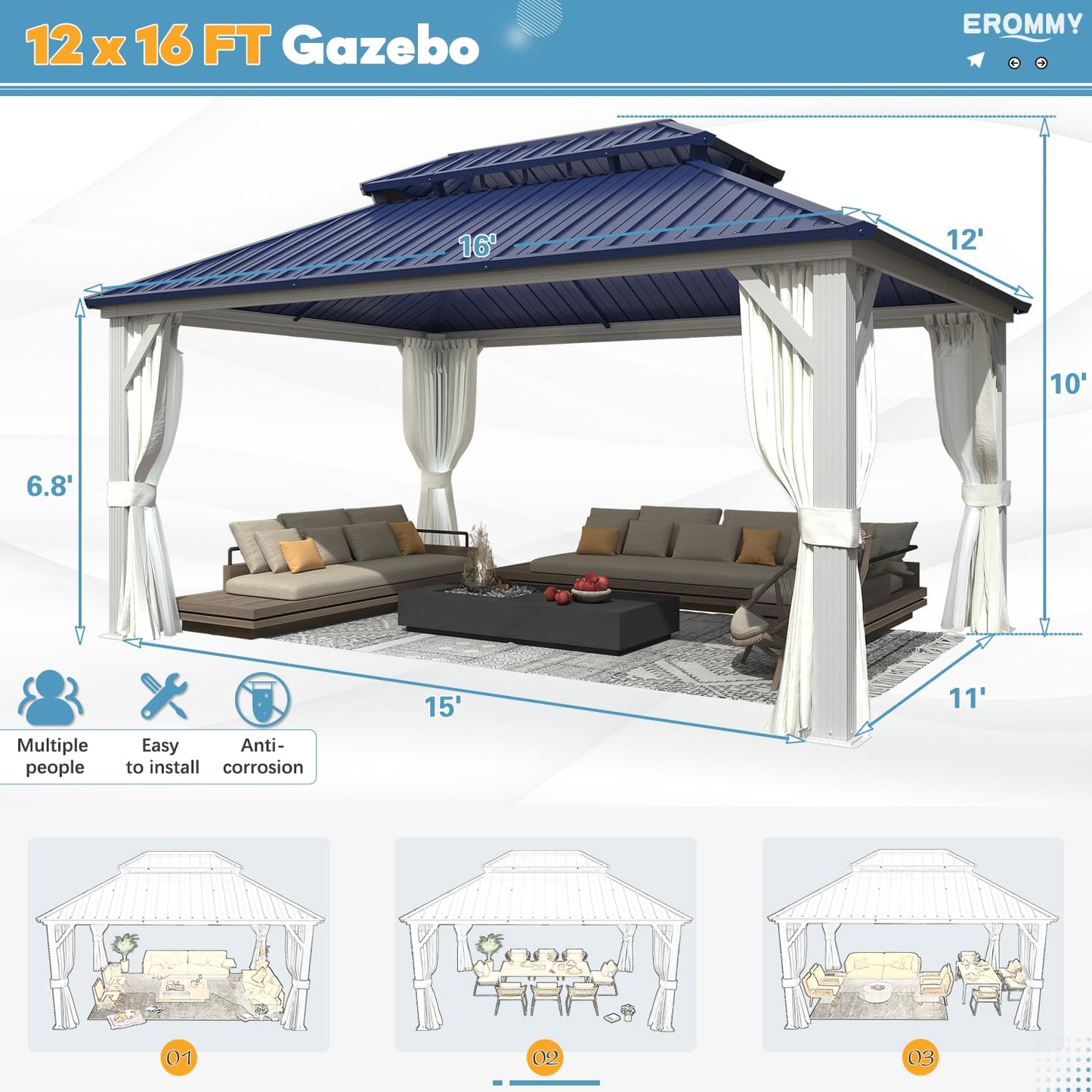 EROMMY 12'x16' Gazebo Hardtop, Galvanized Steel Double Roof Metal Gazebo with Aluminum Frame, Permanent Outdoor Pavilion with Curtain and Netting for Patio Lawn and Garden, Blue