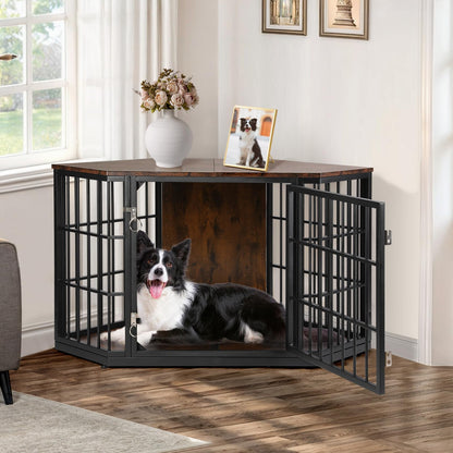 VOWNER 47 Inch Dog Crate Furniture Corner, Wooden Dog Kennel Furniture, End Table Dog Crate for Medium Dogs, Indoor Pet Crates Corner Side Table for Dogs, Wide Top Perfect for Limited Room, Brown