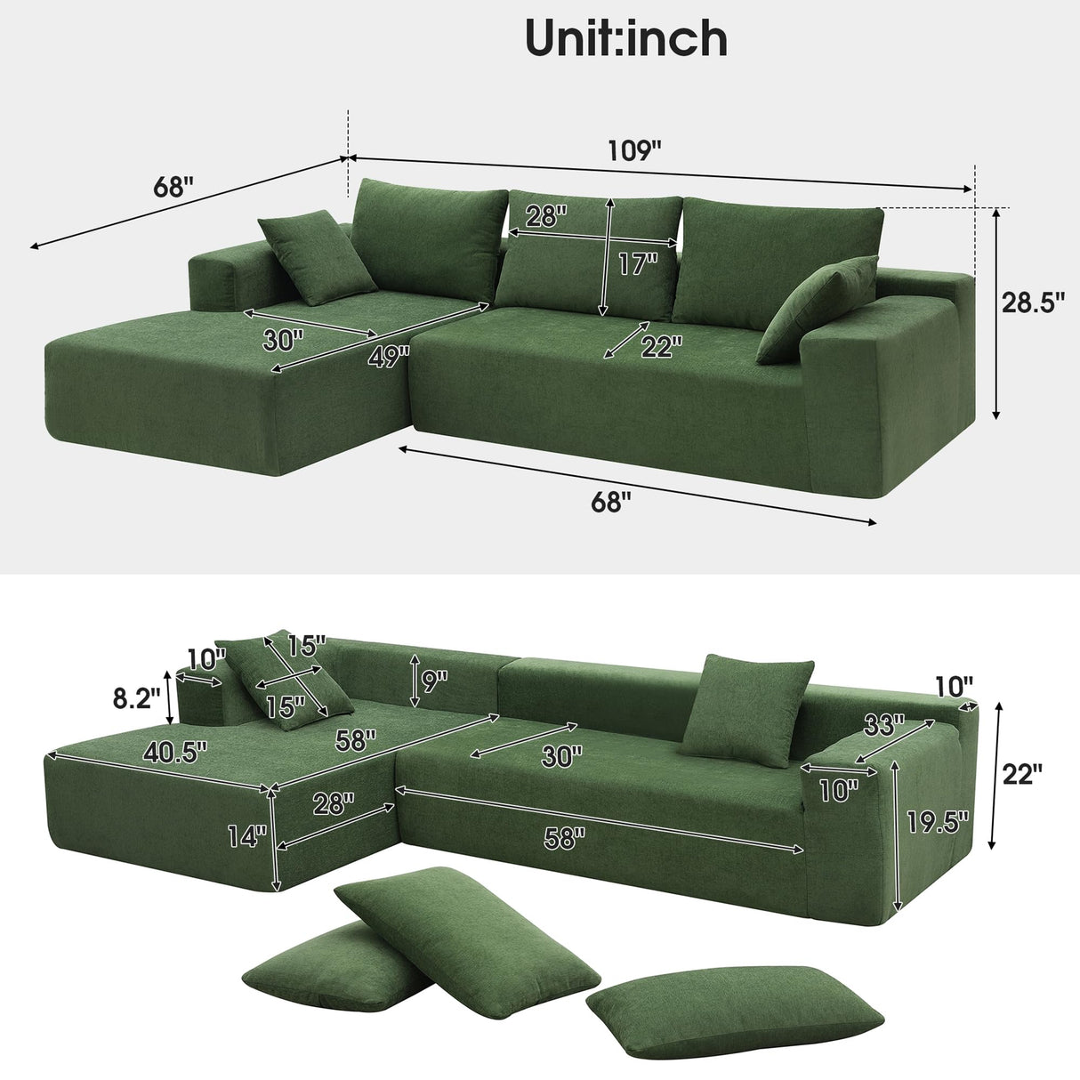 P PURLOVE Modern Sectional Sofas for Living Room, Modular L-Shape Couch, Upholstered Sleeper Sofa for Bedroom, Salon, 2 PC Free Combination, Green P PURLOVE