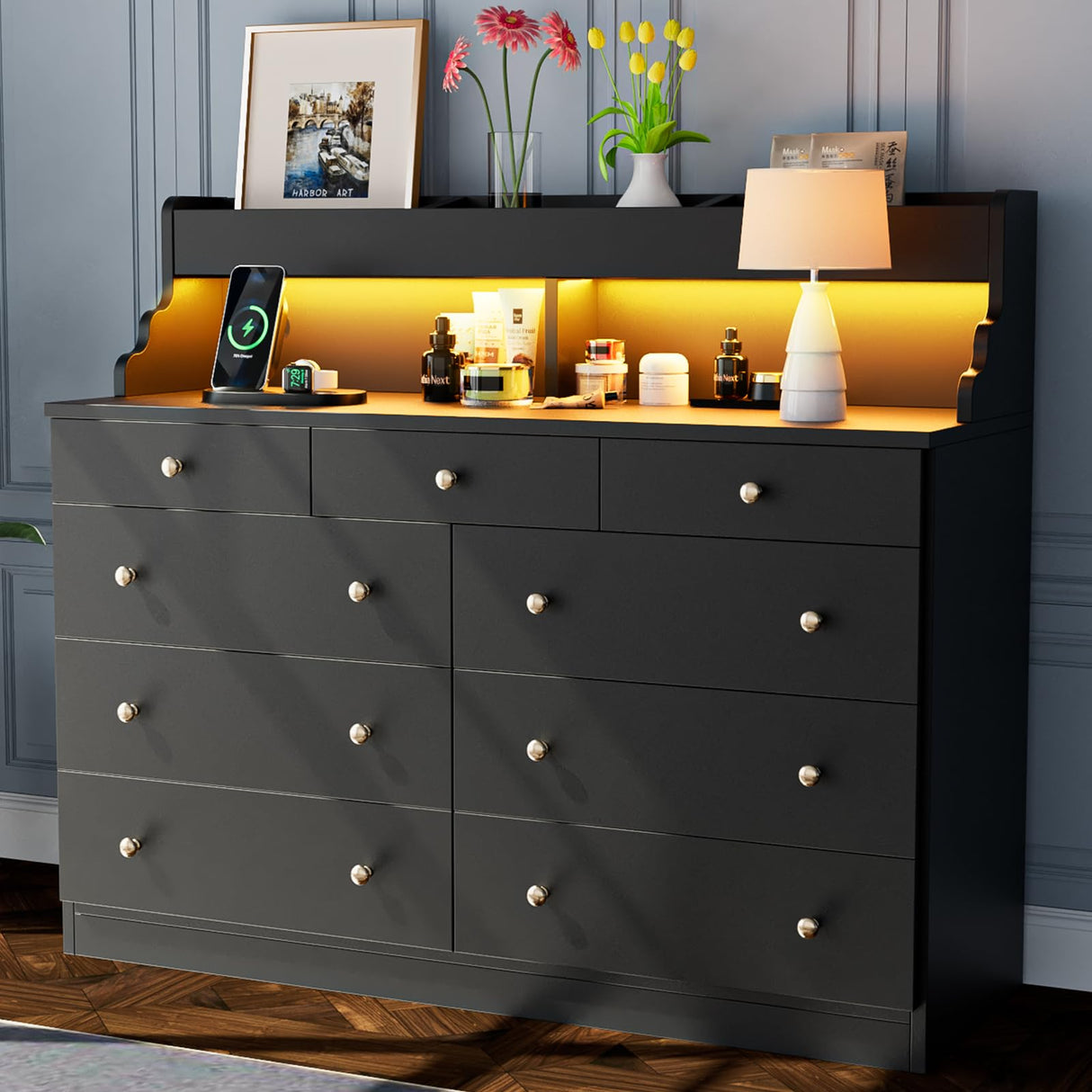 Yeyawomy 9 Drawers Dresser with LED Light, Dresser for Bedroom with Power Outlet, Modern Chest of Drawers, Storage Dresser with Open Storage Space, Dressers & Chests of Drawers for Closet (Black) Yeyawomy