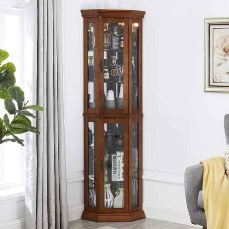 Yone jx je Corner Curio Cabinet with Lights,Bar Storage Cabinet, Adjustable Tempered Glass Shelves, Mirrored Back, Display Cabinet,Walnut (E26 Light Bulb not Included) Yone jx je