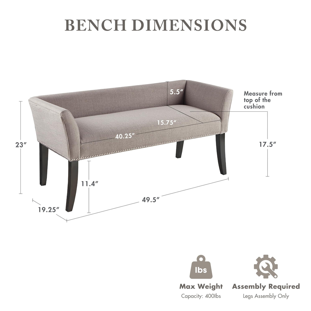 Madison Park Accent Bench, Upholstered with Nailhead Trim, & Padded Seat Entryway Bench Small, End of Bed Bench with Back, 49.5" W x 19.25" D x 23" H, Grey Madison Park