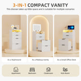 Gurexl Fluted Small Vanity Desk with Mirror and Lights, 3-in-1 Compact Makeup Vanity Set with Hidden Storage Stool, Mini Dressing Table with 3 Drawers, Gift for Little Girls/Kids (White) Gurexl