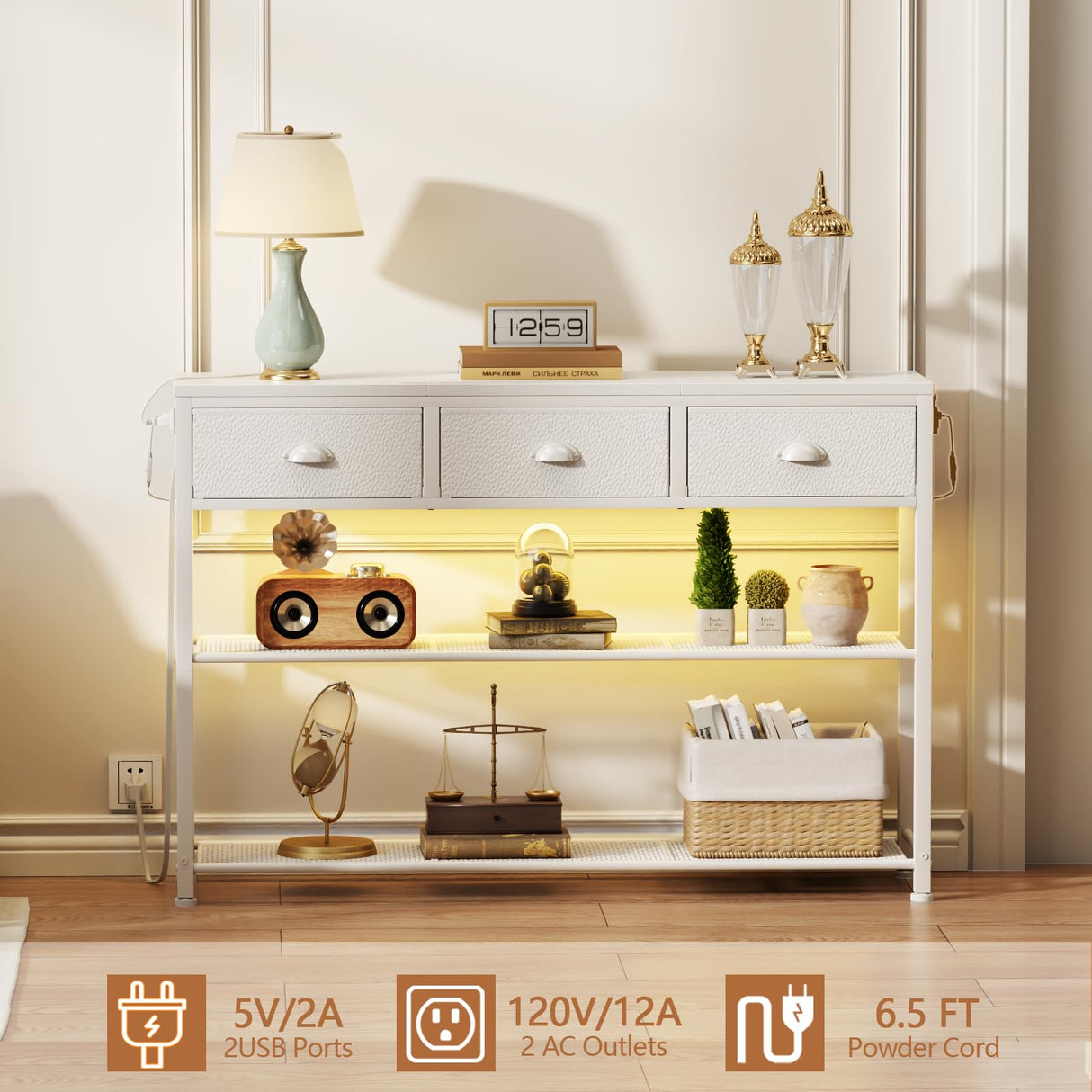 Furologee 38in Console Table with 3 Drawers, Small Sofa Table with Lights and Power Outlets, Hallway Tables with 3-Tier Shelves, White Narrow Console Table for Entryway, Living Room, Couch, Foyer Furologee