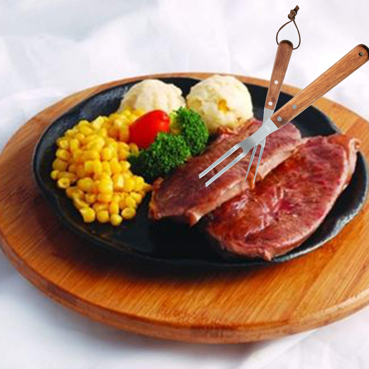 Fantasyon 2 Pack Meat Fork with Wooden Handle, Stainless Steel Meat Forged Carving Fork for Kitchen Roast (13 Inch, 10 Inch) Fantasyon