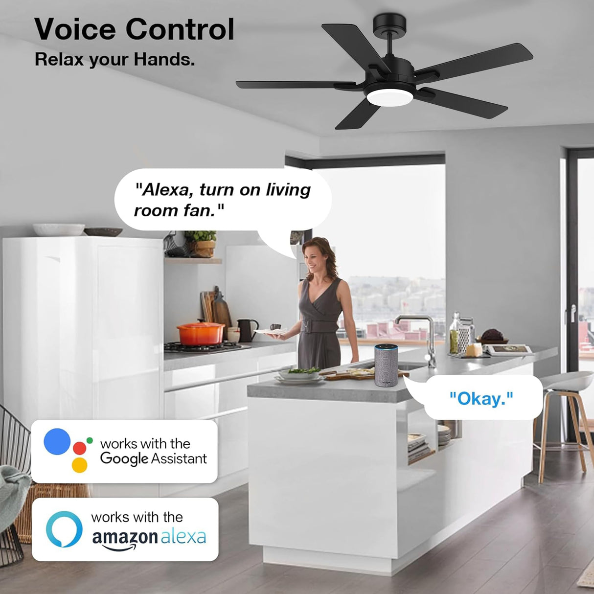 Hoenofly 52” Smart Ceiling Fans with Lights and Remote,Quiet DC Motor,Outdoor Indoor Wood& Black Ceiling Fan,Voice Control via WIFI Alexa App,Modern Dimmable LED Ceiling Fan for Bedroom Patio Porch Hoenofly