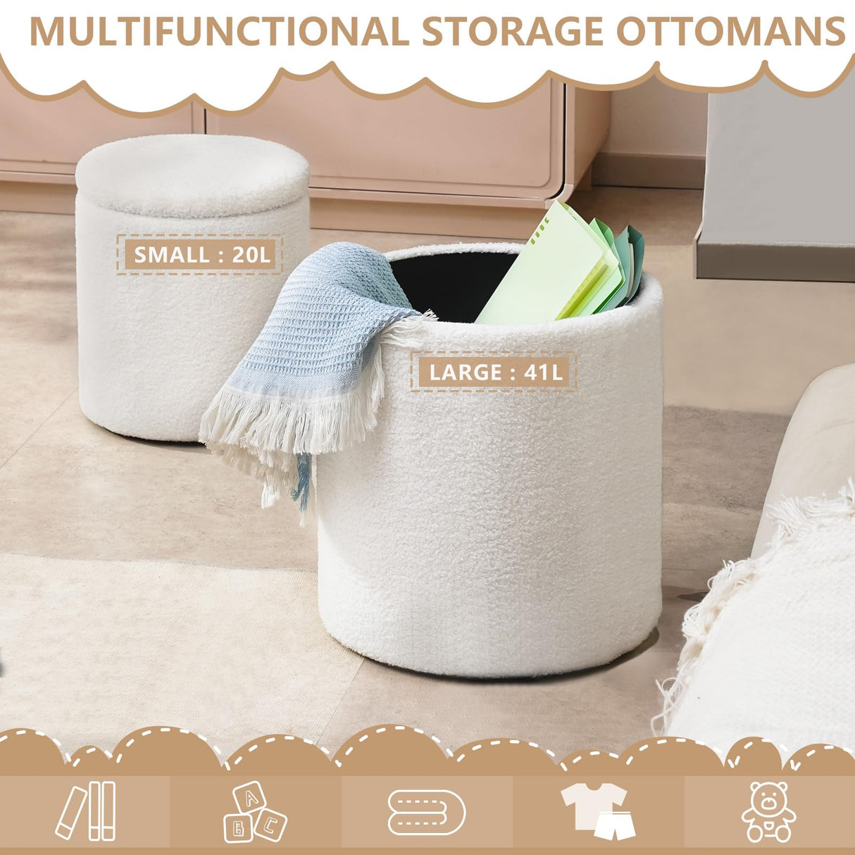 oakvivo Round Ottoman Foot Stool with Storage Set of 2, Storage Ottoman with Removable Lid, Soft Teddy Velvet Upholstered Footstool, Vanity Stool for Makeup, Foot Rest for Living Room, Bedroom, White oakvivo