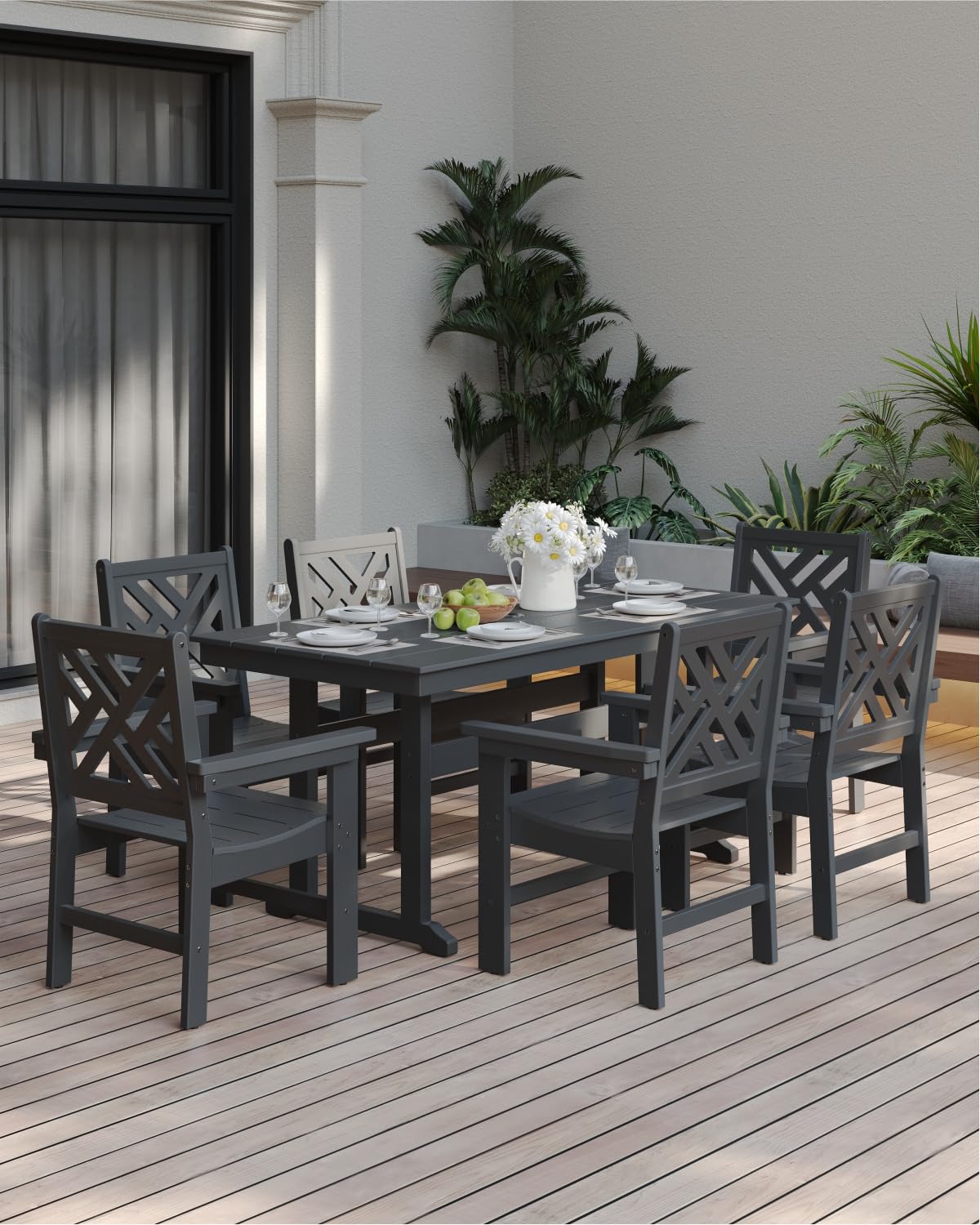 BIVODA 7-Piece Outdoor Dining Set, HDPE All-Weather Patio Table and Chairs Set for 6, Outdoor Patio Furniture Sets with Umbrella Hole for Outside, Deck, Backyard, Garden (Black) BIVODA