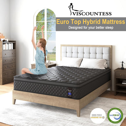 VISCOUNTESS Twin Hybrid Mattress, 14 Inch Euro Top Mattress Medium Firm for Back & Lumbar Support, 100 Night Trial, Individual Pocket Spring Bed for Motion Isolation & Pressure Relief