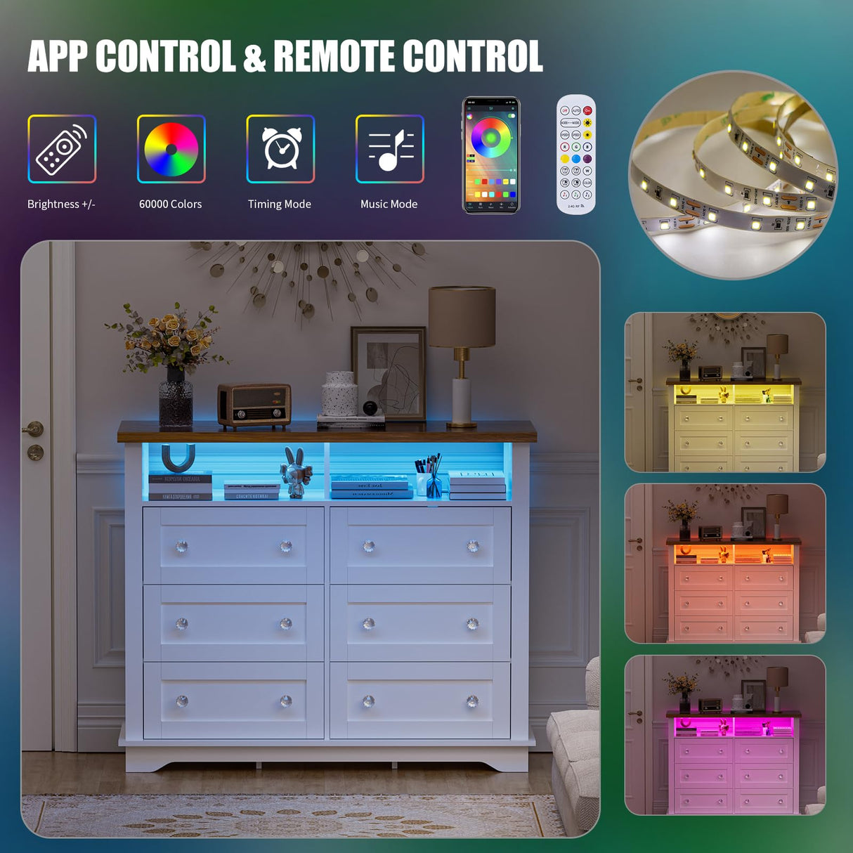 HAIOOU 6 Drawer Dresser for Bedroom White, Chest of Drawers 47 inch Modern Wooden Storage Organizer Tower with 2 Shelves,Power Outlets and LED Lights,Organizer Cabinet for Living Room,Hallway HAIOOU