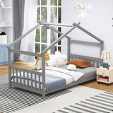 KOMFOTT Grey Twin House Bed Frame for Kids - Low Profile Montessori Tent Bed with Roof & Safety Design KOMFOTT
