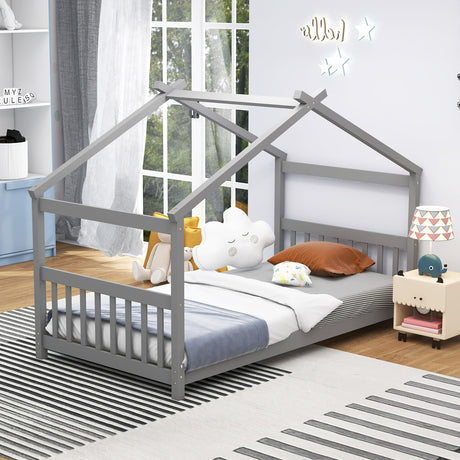 KOMFOTT Grey Twin House Bed Frame for Kids - Low Profile Montessori Tent Bed with Roof & Safety Design KOMFOTT