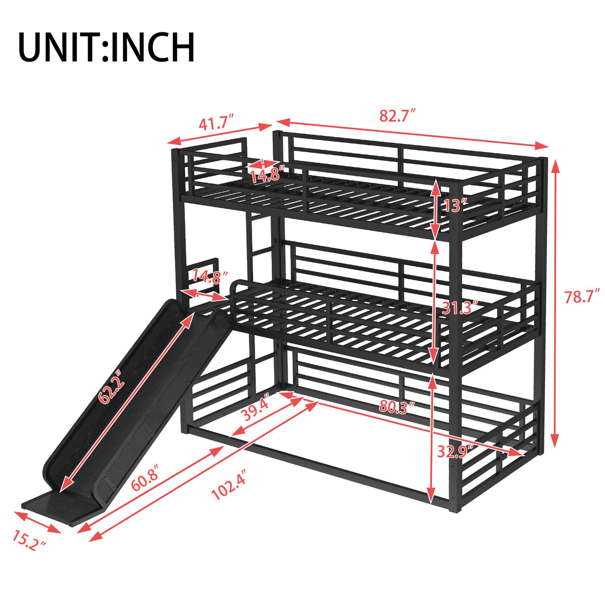 Mental Triple Bunk Bed with Slide, Twin XL Over Twin XL Over TwinXL Triple Bunk Bed with Safety Guardrails, Heavy-Duty Bunkbeds with Noise-Reduced Design, No Box Spring Needed, Black Harper & Bright Designs