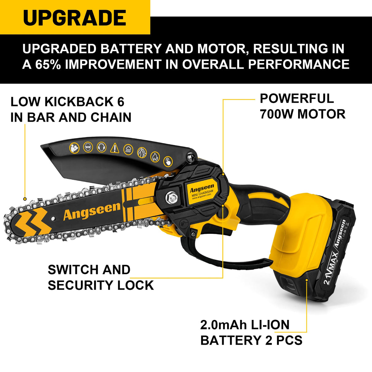 Mini Chainsaw Cordless 6 Inch, Chainsaw with 2 Batteries & 2 Chains, Lightweight Cordless Chain Saw with Safety Lock for Tree Trimming, Branches, Wood Cutting ANGSEEN