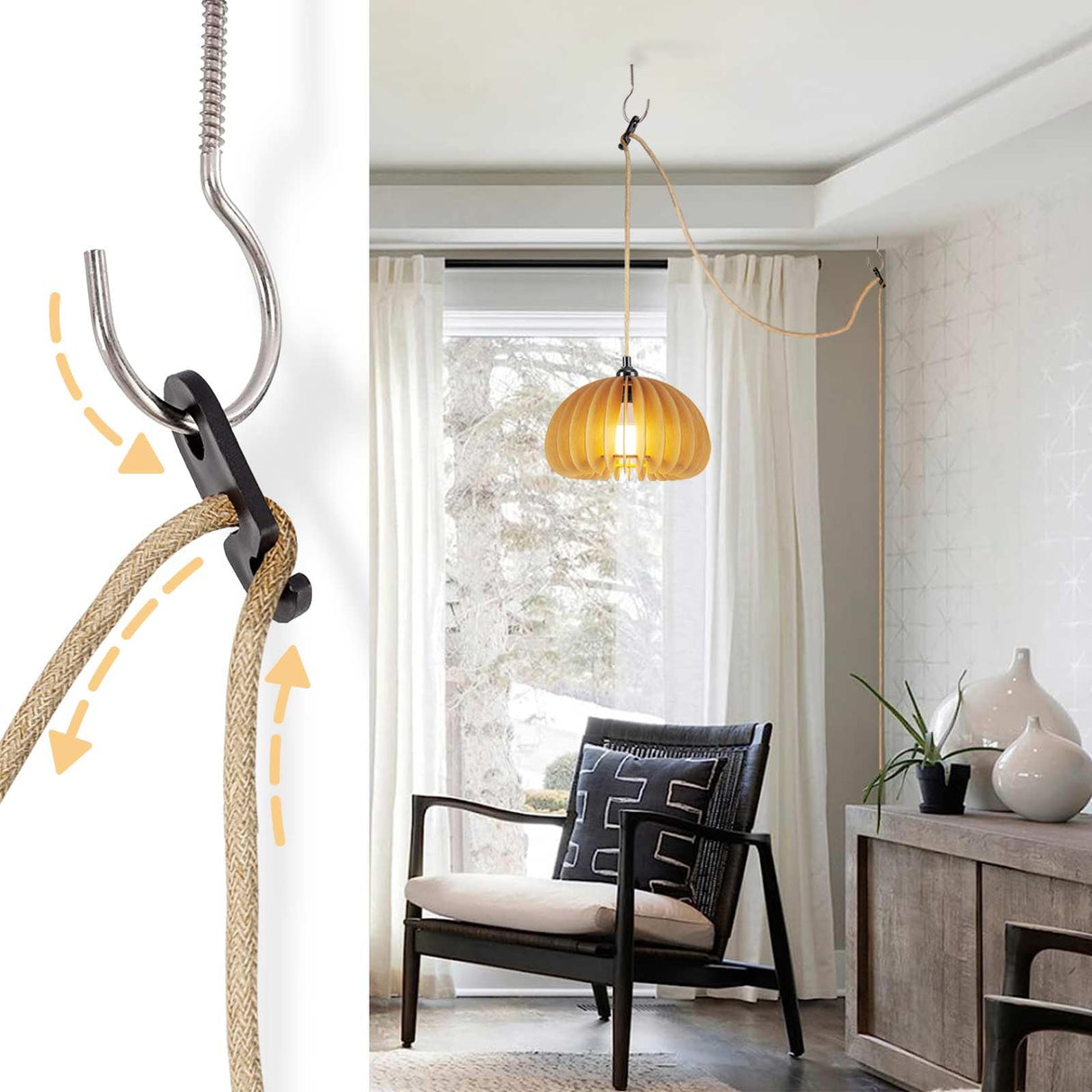 Wood Lantern Plug in Wall Sconces, Wicker Brackets Wall Lamp with Plug in Cord Hand Woven Rattan Bedside Reading Light, Wooden Globe Pumpkin Shade Hemp Rope Hanging Lamp for Living Room Bedroom ArcoMead