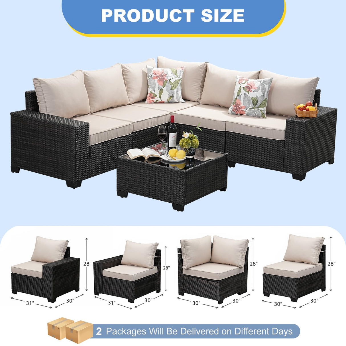 SunloungeCo 6 Pieces Outdoor Patio Furniture Set, Wicker Conversation Sets with Tea Table, Rattan Patio Sofa with Thick Cushions for Garden, Backyard Porch, Poolside,Beige SunloungeCo